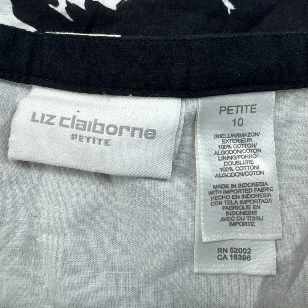 Liz Claiborne A-Line Midi Skirt Womens Petite 10 Black White Floral Side Button